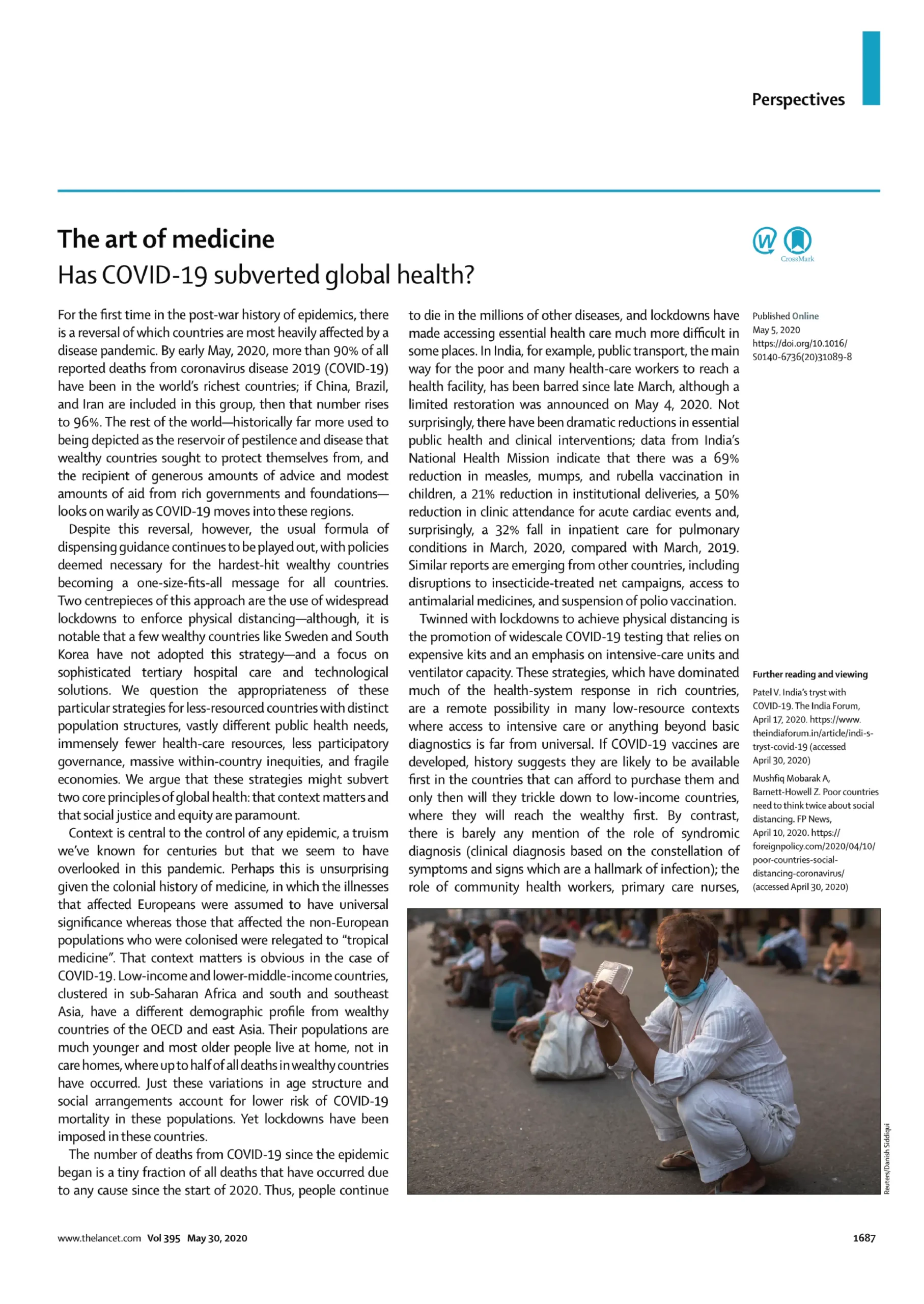 First page of The Art of Medicine: Has COVID-19 subverted global health? by Patel and Cash
