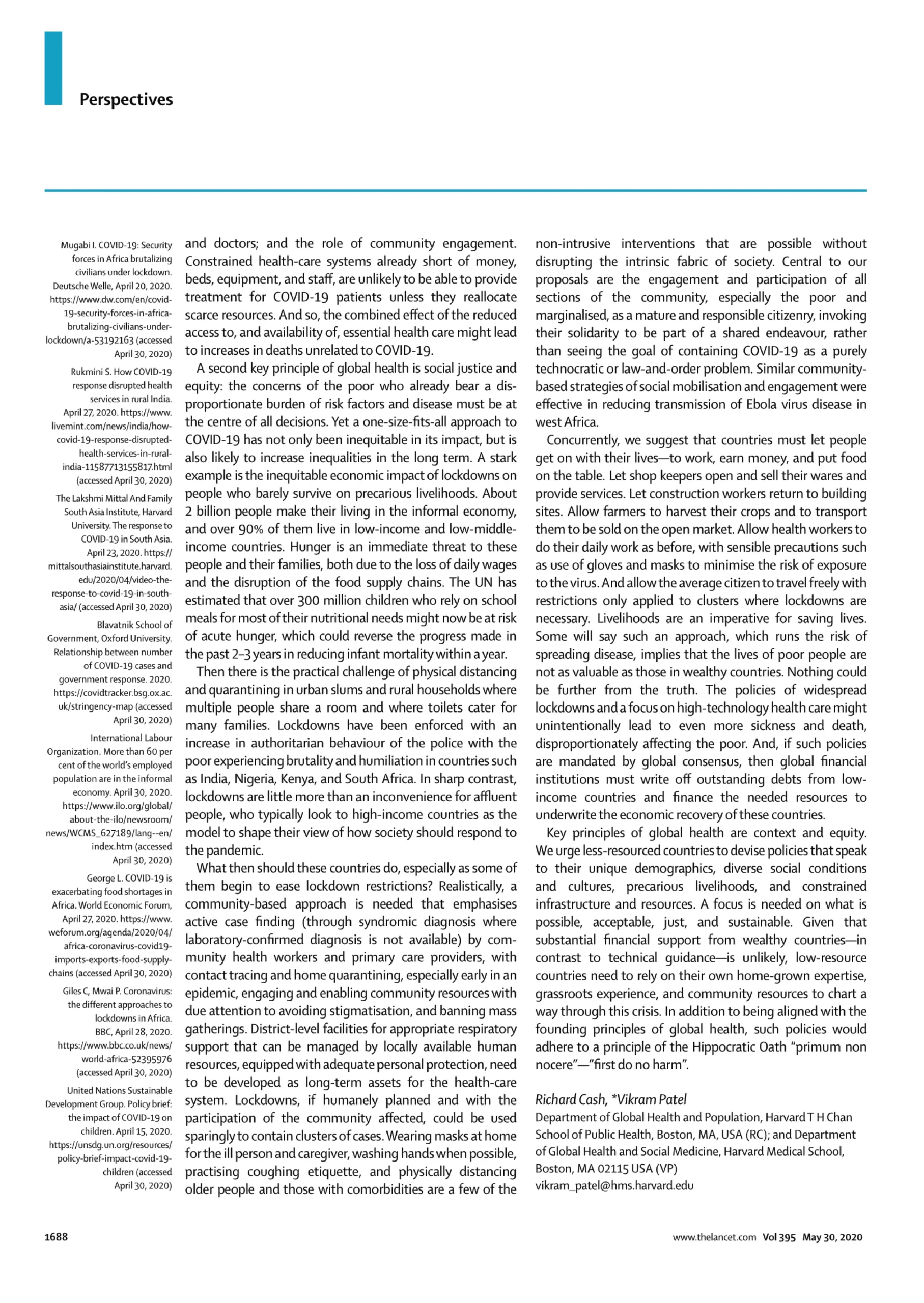 Second page of The Art of Medicine: Has COVID-19 subverted global health? by Patel and Cash