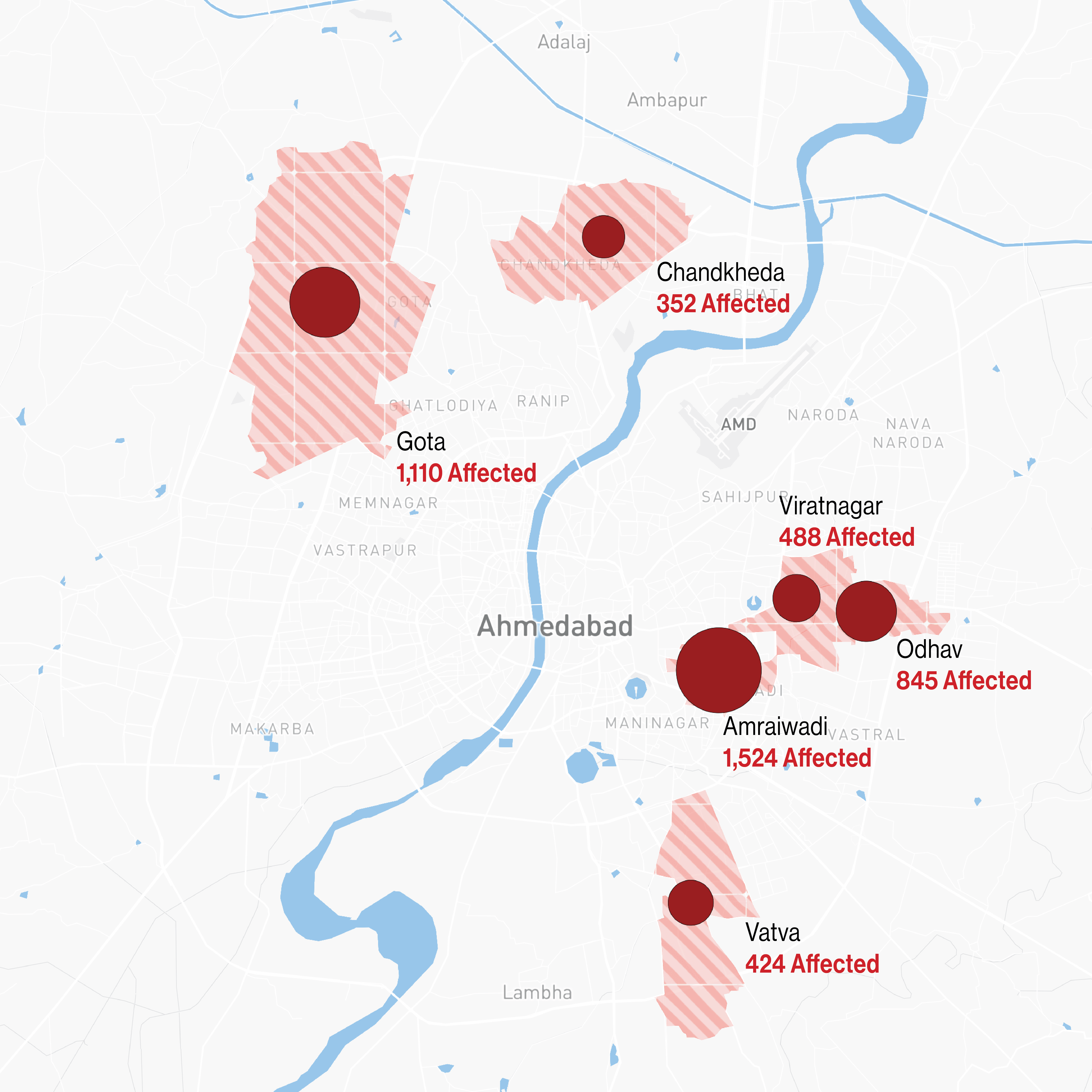 Ahmedabad COVID-19 Red Zone Map showing Gota, Chandkheda, Viratnagar, Odhav, Amraiwadi, and Vatva